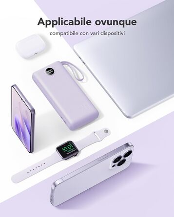 Power Bank VRURC 20000mAh з LED дисплеєм, 22,5W швидка зарядка USB-C, білий/фіолетовий