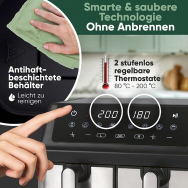 Фритюрниця ProfiCook з 2 камерами | Airfryer | 9 літрів | Фритюрниця з функцією одночасної готовності | Без олії | Антипригарне покриття | PC FR 1296 H з нержавіючої сталі