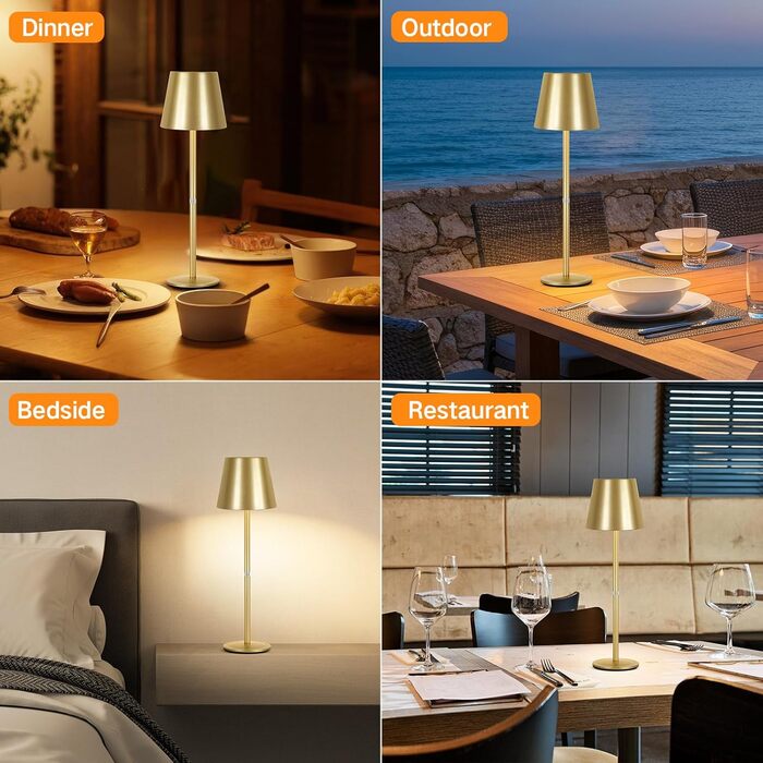 LED настільна лампа OUTON 2 шт. Бездротова, з регулюванням яскравості, 3 режими кольору, USB-C, IP54, 30 годин роботи, для дому та вулиці, чорний/золотий