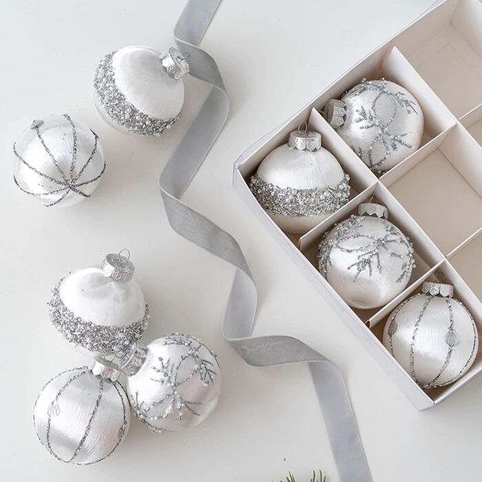 9 шт. Скляні ялинкові кулі срібного кольору з блискітками для прикраси ялинки
