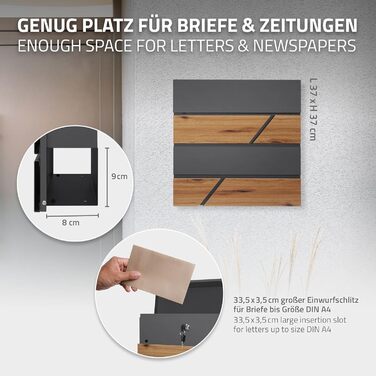 Поштовий ящик ML-Design Anthrazit/Ефект дерева Дуб, сталь, 37x37x11 см. Сучасний настінний поштовий ящик з газетницею, з замком та 2 ключами.