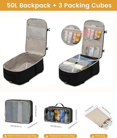 LOVEVOOK Рюкзак для ручної поклажі, 40L, водонепроникний, для ноутбука 17 дюймів, Easyjet, для подорожей, роботи, трекінгу, оливково-бежевий (18 дюймів, A-чорний)