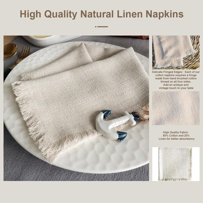 Aiuuee 12-Piece Cloth Napkins 45x45cm, Cotton Napkins with Fringe, Washable Fabric Napkins for Tablecloths for Wedding Family Meals Parties Birthday and Table Decoration (Beige)