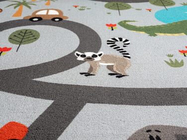 Дитячий килим Happy Life: Ігровий килим з мотивом доріг, джунглів, тварин та автомобілів, антиковзкий, легкий у догляді, 80x150 см (200x290 см, джунглі-сірий)