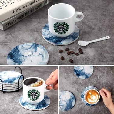 Fun coasters for drinks, marble-style, absorbent ceramic coasters with metal stand, housewarming gifts, decor set of 6, with cork base for wood table