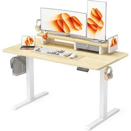 Electric Standing Desk with Drawers - 120x60cm, Oak Finish - Adjustable Height Desk for Home Office & Business, Monitor Stand, Phone Holder, 3 Hooks