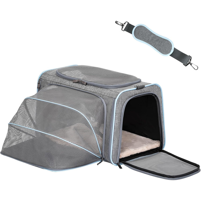 Транспортна сумка для кота Petsfit, зелена, S, двостороння (сіро-блакитна), розширювана, з підстилкою з флісу