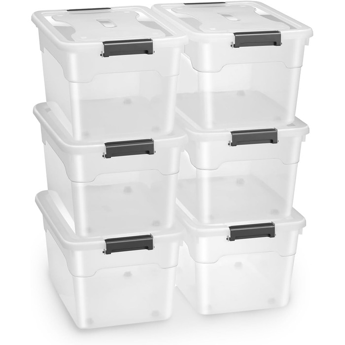 JUSKYS Storage Box with Lid - Set of 4 Plastic Boxes, 45L - Large Box, Stackable, Transparent - Storage Organization System Storage Boxes (Set of 6 - 45 Liters)