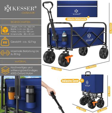 Візок-телега KESSER® складний вантажний, до 150 кг, з PVC колесами 360°, синій/чорний - для саду та транспорту