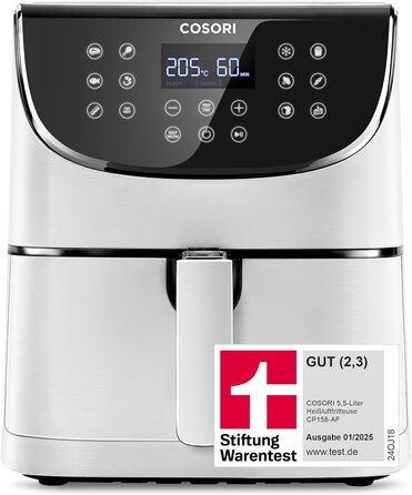 Фритюрниця без олії COSORI CP158-AF, Біла, 11 функцій, Економія енергії 55%, 100 рецептів, Shake Reminder, Лауреат Stiftung Warentest 2024
