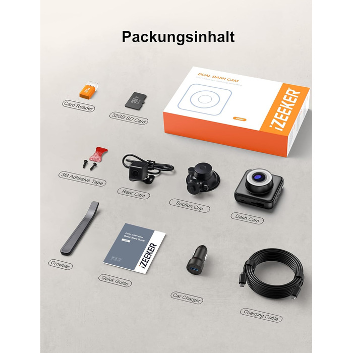 iZEEKER 2.5K Dashcam: Автомобільна відеореєстратор з двома камерами, 1440P, 170° кут огляду, G-сенсор, нічне бачення, паркувальний режим, WDR