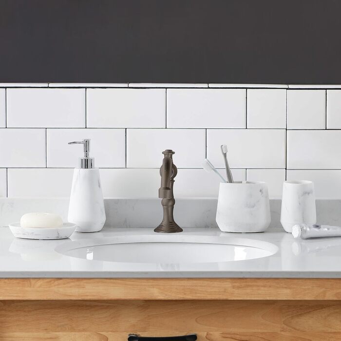 Набір аксесуарів для ванної кімнати QL Design (5 шт.), полірезин, бежевий (сучасний стиль мармур)