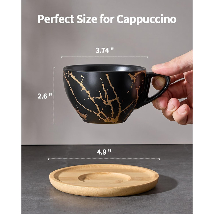 Набір керамічних чашок капучино HOME DECOR 4 шт., 220 мл, з металевим підставкою. Підходять для капучино, лате, американо та чаю. Чорний та білий дизайн