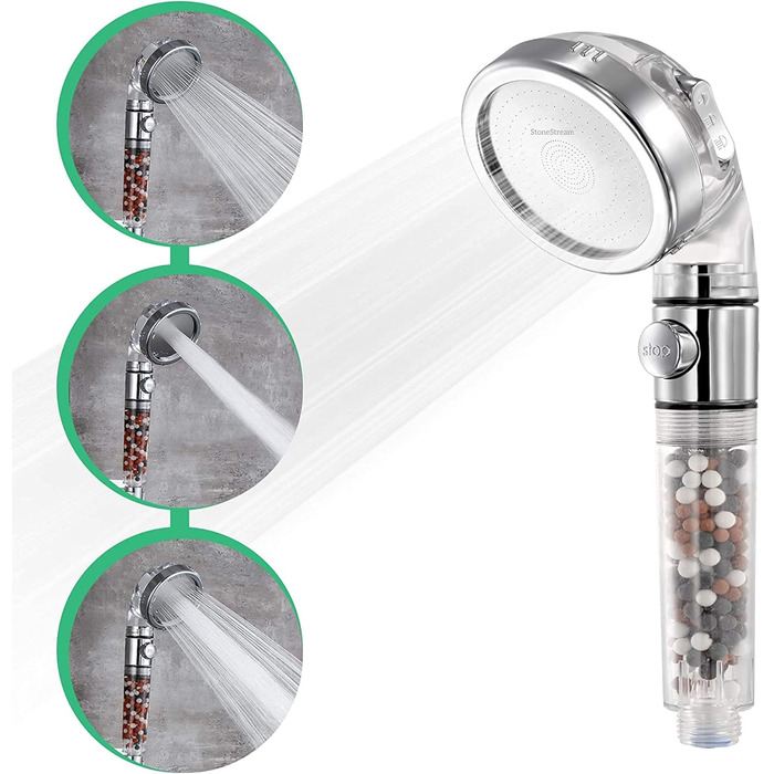 Original StoneStream Showerhead, Eco Power High-Pressure Water Softener, Filtered Handheld Shower with Spa-Like Ion Beads for Dry Skin and Hair – 3 Spray Settings