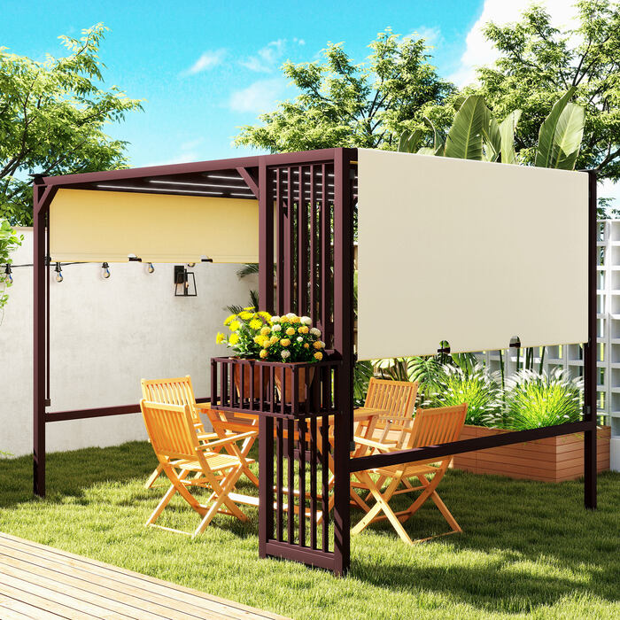Пергола Outsunny 3x2,5м з захистом від УФ-випромінювання 30+, зимостійка, з регульованою ковзною дахом, захисними панелями та горщиками для рослин, автономна. Ідеально підходить для саду, балкону або тераси. Темно-коричневий колір. Виробник: Aosom.