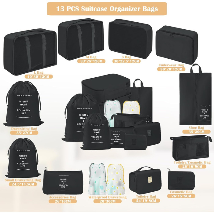 Набір органайзерів для валізи 13 шт., чорні Packing Cubes, водонепроникні дорожні органайзери для відпустки та подорожей