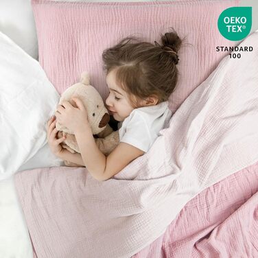 Бетлівка для дитячого ліжечка Lulumoon з мусліну 100x135 см: комплект простирадла 100x135 см + наволочка 40x60 см з бавовни Oeko-TEX Standard – легка та комфортна постільна білизна для малюків та дітей, муслін, рожева 100x135 см + 40x60 см