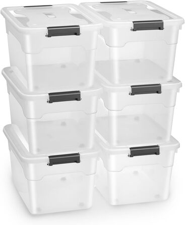 JUSKYS Storage Box with Lid - Set of 4 Plastic Boxes, 45L - Large Box, Stackable, Transparent - Storage Organization System Storage Boxes (Set of 6 - 45 Liters)