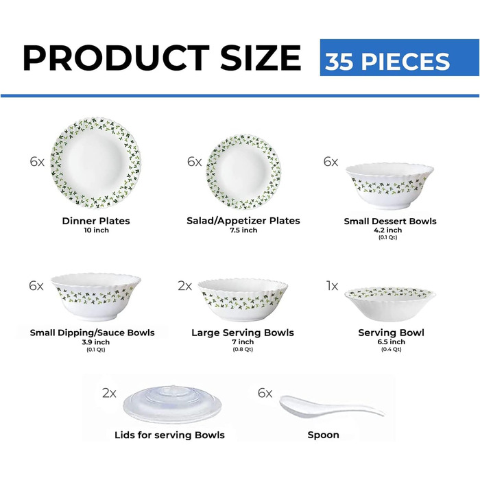 Набір посуду Larah, 35 предметів: тарілки, миски, кришки, ложки, сервіз на 6 осіб, о pal, міцний, легкий, для мікрохвильовки та посудомийної машини, білий з зеленими квітами