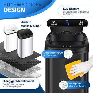 Відро для сміття KESSER® Sensor 40 л з автоматичним відкриванням, сенсором руху, м'яким закриванням кришки та LCD-дисплеєм. Нержавіюча сталь, з тримачем для мішка.