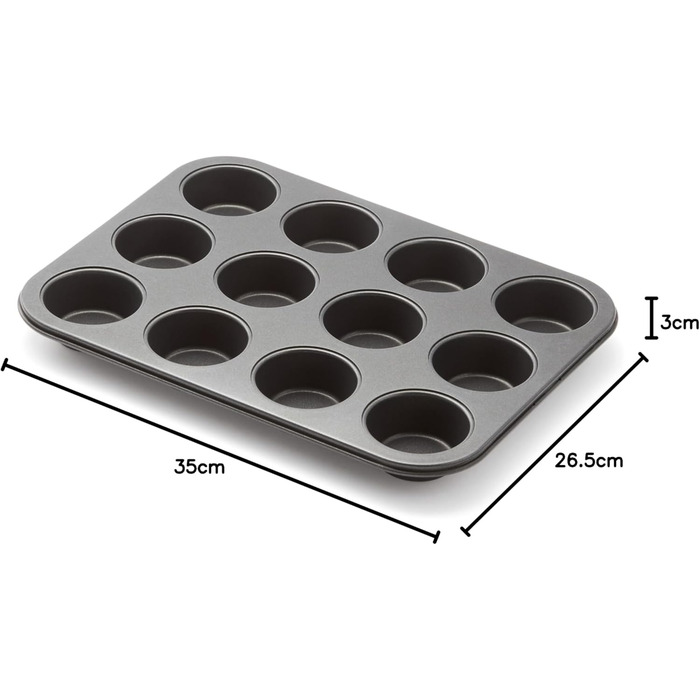 Eclipse Muffin Tin for 12 muffins, 35 x 26.5 x 3 cm, non-stick coated, aluminized carbon steel, durable, scratch-resistant, dishwasher-safe, ideal for blueberry muffins.