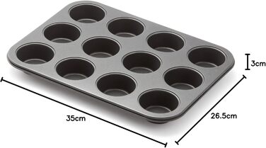 Eclipse Muffin Tin for 12 muffins, 35 x 26.5 x 3 cm, non-stick coated, aluminized carbon steel, durable, scratch-resistant, dishwasher-safe, ideal for blueberry muffins.