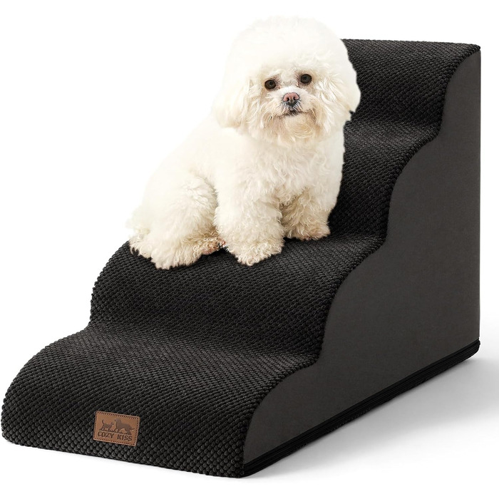 Сходинки для собак маленьких порід, сходи для домашніх тварин на диван з високощільним губкою, сходи для собак з миючим покриттям та неслизьким дном (3), чорний колір, 4 сходинки (40x72x50 см)