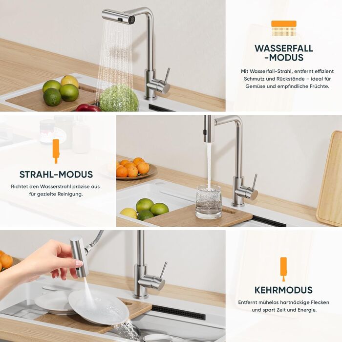 Кухонний змішувач BESy з 3 режимами струменя, висувна лійка, водоспад, поворотний на 360°, з нержавіючої сталі SUS304, для кухні