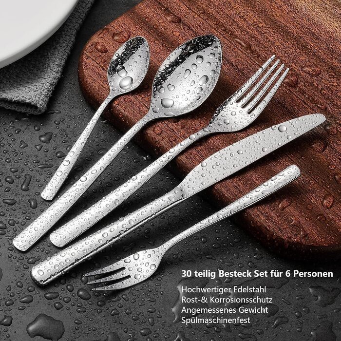 Opolia 30-Piece Shiny Cutlery Set, Suitable for 6 People, High-Quality Stainless Steel Cutlery Set with Knives, Forks, and Spoons, Can Be Used at Home & Party & Hotel & Restaurant, Dishwasher Safe