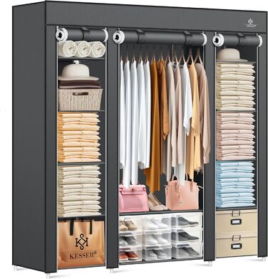 KESSER® Wardrobe Fabric Closet, Stable with Clothes Rail & Shelves, Incl. 5x Clothes Hangers, Fabric Folding Closet for Bedroom, Dressing Room Wardrobe with Clothes Rack 150x45x175cm Anthracite
