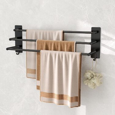 Тримач для рушників Vista з 3-ма штангами, без свердління, нержавіюча сталь SUS304, сріблястий, з двома гачками, 60 см, для кухні, ванної кімнати, спальні