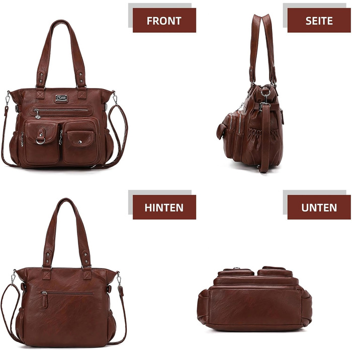 Сумка жіноча KL928 через плече, велика, з PU шкіри, чорна/каштанова - багато відділень