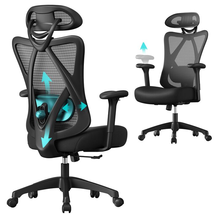 Крісло офісне SONGMICS, комп'ютерне, сітчасте, регульована поперекова підтримка та підголовник, вантажопідйомність 150 кг, регульована висота, чорний, OBN063B01