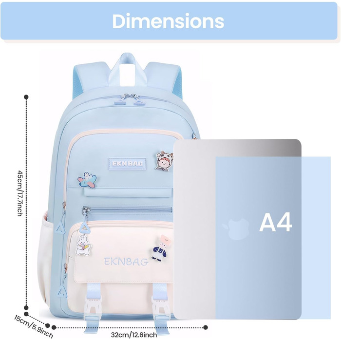 Шкільний рюкзак Tanou для дівчаток-підлітків, велика місткість, 3-7 клас, легкий нейлон, стильний, блакитний