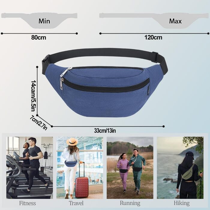 Поясна сумка для чоловіків та жінок, стильна, з 3 відділеннями на блискавці, для подорожей та активного відпочинку (Т Deepblue)