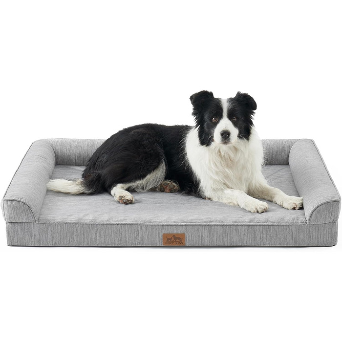 Ортопедичне ліжко для собак середнього розміру COZY KISS знімний, пральний чохол – підтримуюча піна, водовідштовхуючі бортики та антиковзаюча основа, сріблясто-сірий колір (L 107x76x18 см)