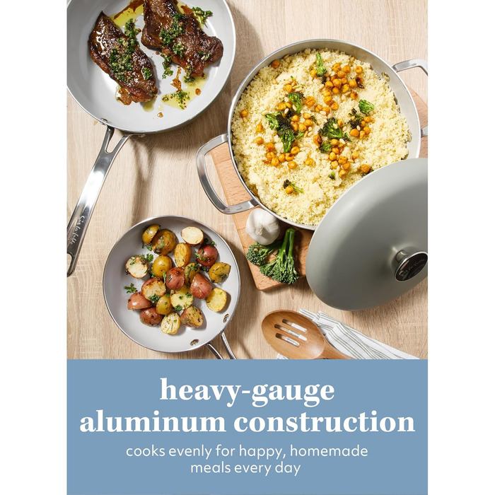 Набір кухонного посуду Sur La Table Kitchen Essentials 13-Piece, преміум-кераміка, антипригарне покриття, для індукційних плит, знімний ручка, смарагдово-зелений