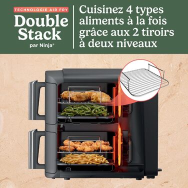 Ninja Double Stack XL Air Fryer Hot Air Fryer, 9.5L Air Fryer, Double Basket Hot Air Fryer with 4 Cooking Levels, 2 Baskets, 2 Racks, Space-Saving Design, 6 Cooking Functions, 8 Portions, Grey SL400EU Stacked Double Drawer 9.5L Grey
