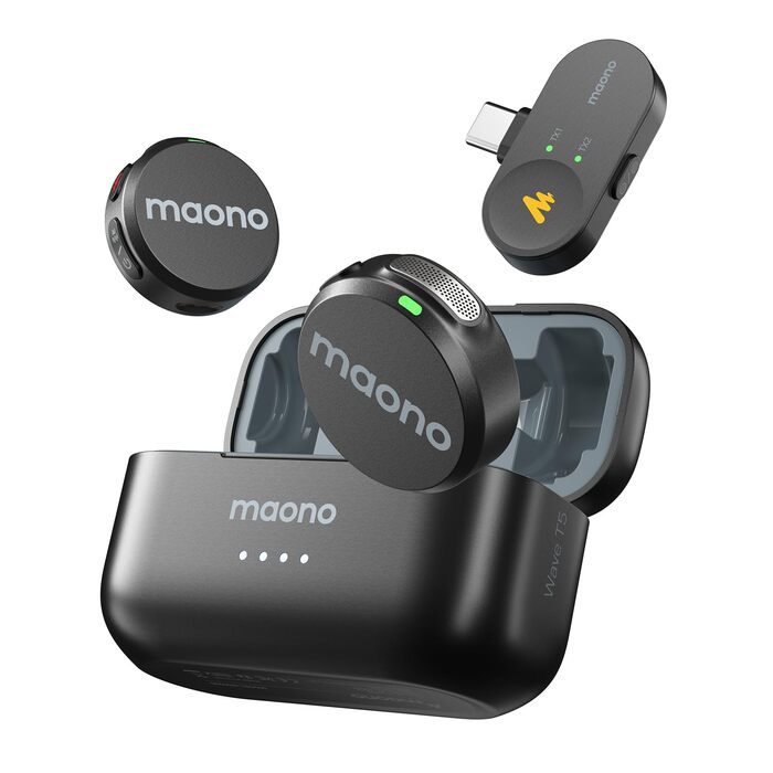 MAONO Бездротовий петличний мікрофон Wave T5 USB-C для iPhone 15/16, Android: 48kHz/24Bit, 30 годин роботи, шумозаглушення, 300м радіус дії