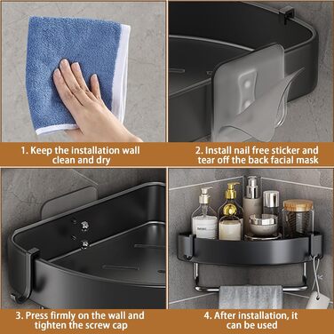 Поличка для душу з 2 рівнями, кутова, без свердління, з нержавіючої сталі, з тримачем для рушників та 2 гачками, чорна, для ванної, кухні, туалету