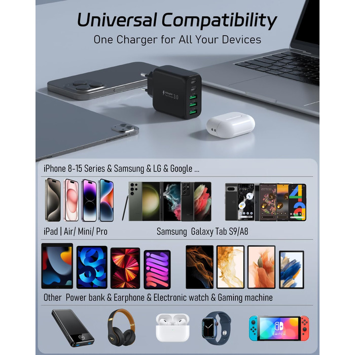 Мережевий адаптер USB C 50W 5 портів (2 USB C + 3 USB A) для iPhone, iPad, Samsung Galaxy, Google - білий/чорний
