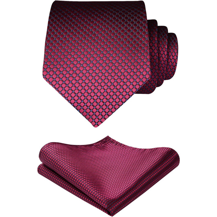 HISDERN Комплект краватки та нагрудного хустинки в клітинку для чоловіків, бургундський колір