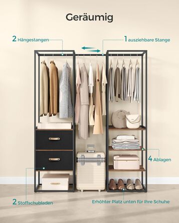 SONGMICS Clothes Rack, Open Wardrobe, Sturdy Coat Rack with 1 Extendable Rod, 2 Drawers, 4 Shelves, for Bedroom, Space-Saving, RGR003W67 (Vintage Brown)