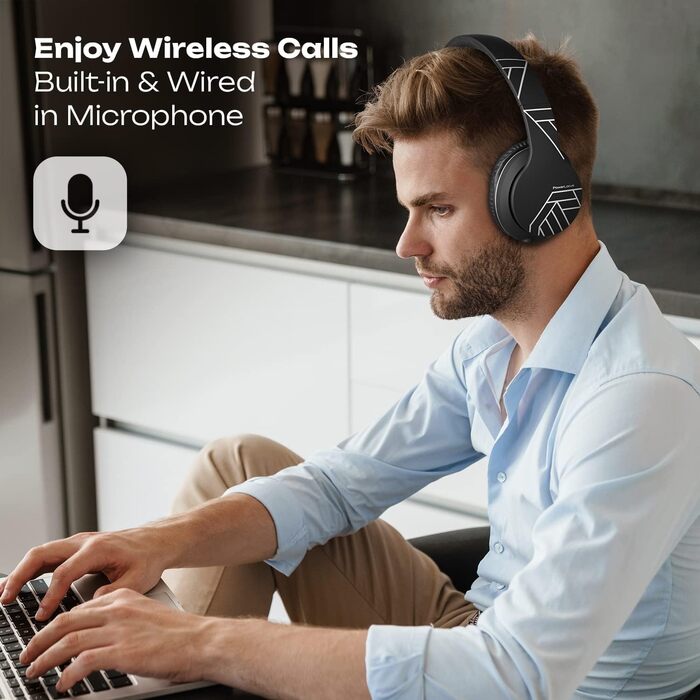 PowerLocus P6 Bluetooth навушники Over-Ear, бездротові з супер басами, 40 годин відтворення, мікрофон, голосовий асистент, активне шумопоглинання для iPhone, Samsung, iPad, PC, Laptop, TV, чорний/срібний