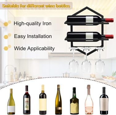 Giyiprpi Metal Wall-Mounted Wine Rack, Hanging Wine Glass Holder Organizer for 2 Bottles and 3 Glasses Included, Wine Shelf Red Wine Rack for Home Kitchen Bar Display Decor (Black 2)