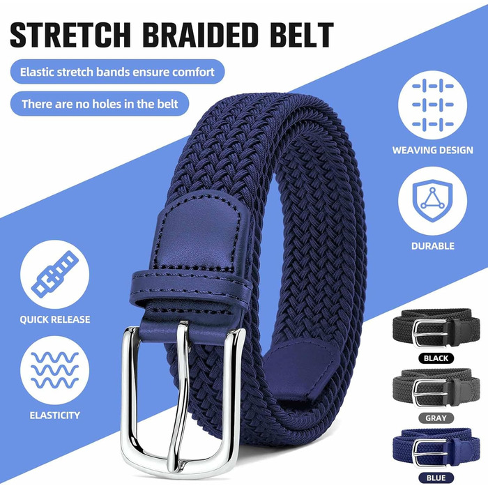 Набір з 2 еластичних тканинних ременів для жінок та чоловіків – регульовані, 3,3 см, довжина 100-120 см (чорний + синій), 100 см