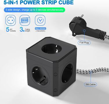 Блок розеток з USB-C, 4 розетки, плоский штекер, індивідуальне вмикання, багатофункціональна розетка-куб з 2м плетеним кабелем для офісу, дому, подорожей - Білий