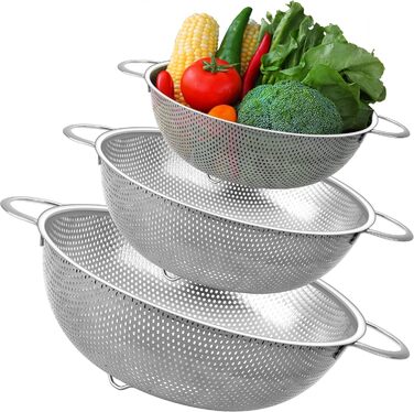 Ніж Sieb Homikit, нержавіюча сталь, сито для макаронів з ручками, мікроперфороване Ø, сито для стікання/миття/проціджування/миття, нержавіюче, здорове та придатне для миття в посудомийній машині (3, 28+22+16 см)