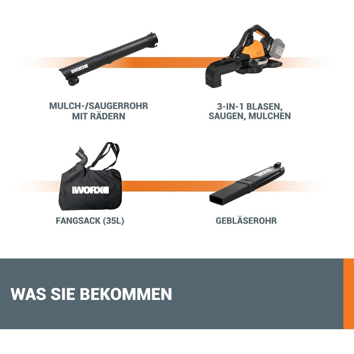 WORX WG583E.9 40V(2x20V) Cordless Leaf Blower/Vacuum - 2 in 1 for Raking & Vacuuming Leaves - 35L Collection Bag - No Battery or Charger Included, Black / Orange