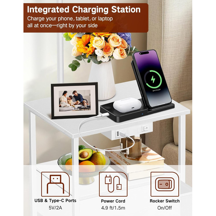 Стійка лампа для вітальні з поличкою та столиком, диммування LED, пульт керування, 3 колірні температури, приліжний столик з підзарядкою, дерев'яний столик для спальні/офісу (білий з шухлядами)